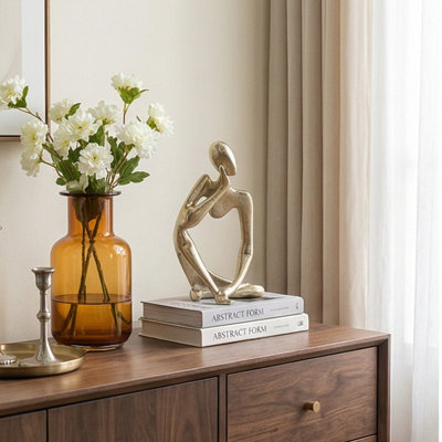 11" Abstract Aluminum Figurine - Gold Finish, Hand-on-Cheek Pose for Modern Decor (5.9x3.9x11")