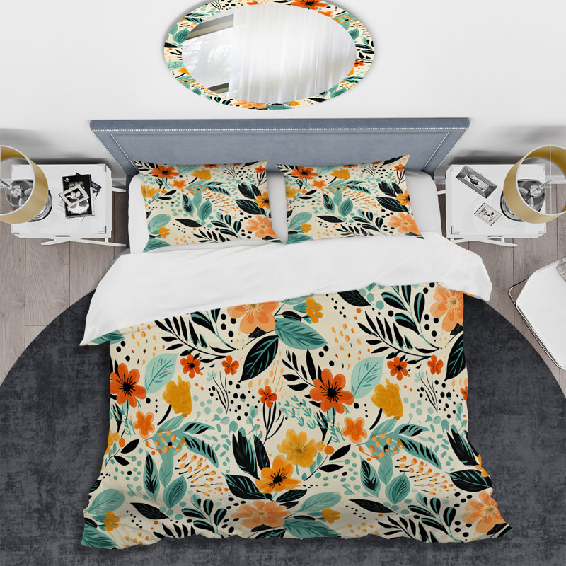 Ensemble de housse de couette Floral Fusion In Black & Yellow II, Housse de couette simple + 1 taie décorative stan