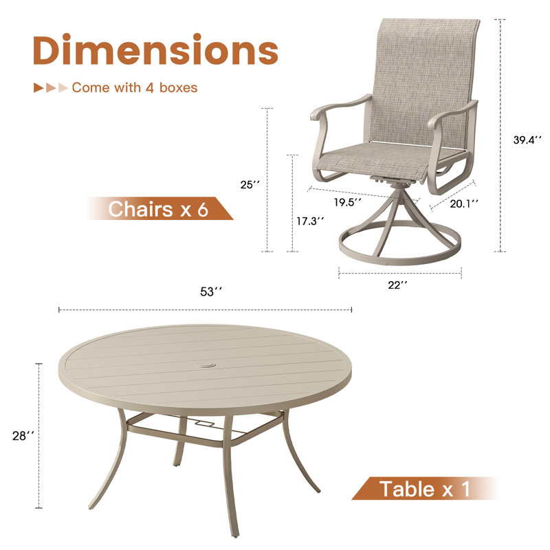 6-Person Patio Dining Set with 53" Round Metal Dining Table and 6 Swivel PVC-coated polyester Chairs, Cream/Sandshell