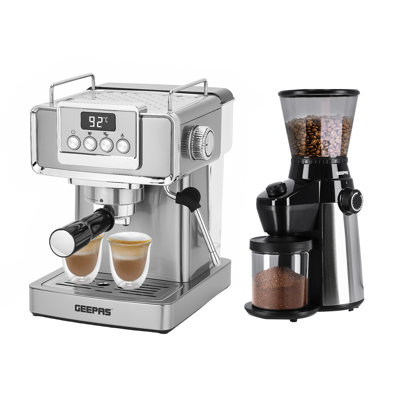 Geepas Espresso Coffee Machine & Conical Burr Coffee Grinder Combo Set - 1465W Coffee Maker With Milk Frother, Coffee Grinder With 15 Precise Settings