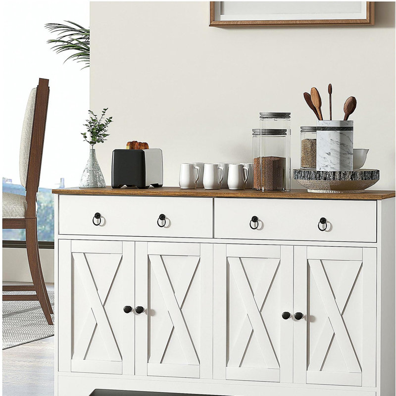 Buffet HOMcom avec 2 tiroirs, 2 armoires de rangement, 4 portes de grange et tablettes réglables, buffet de style campagnard avec rangement, plateau en grain de bois, blanc