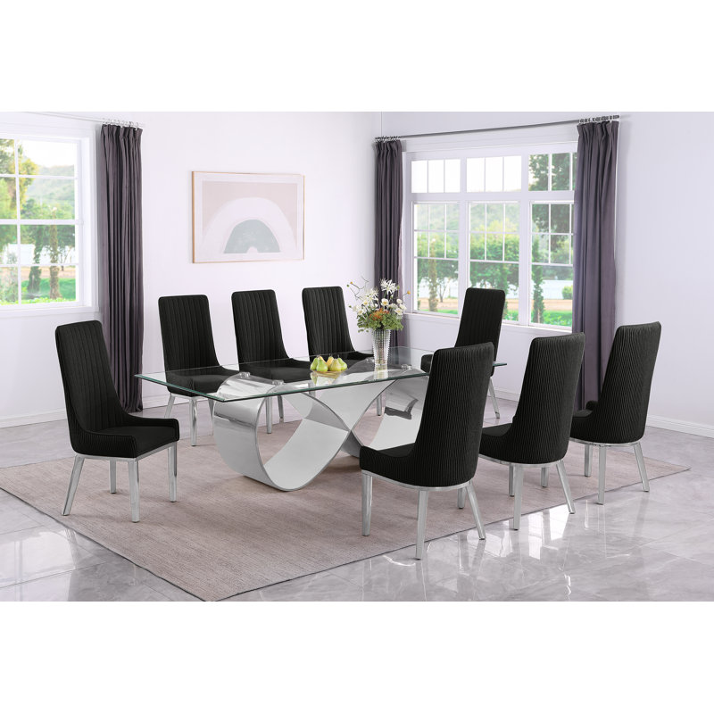 Ensemble de salle à manger en verre trempé avec chaises à dossier plissé, Noir, noir, noir, noir, Argent
