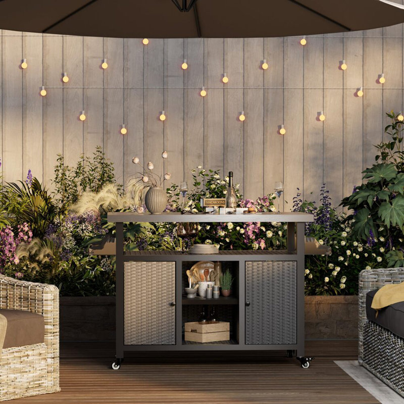 Kysa Wicker Outdoor Kitchen Island with Stainless Steel Top