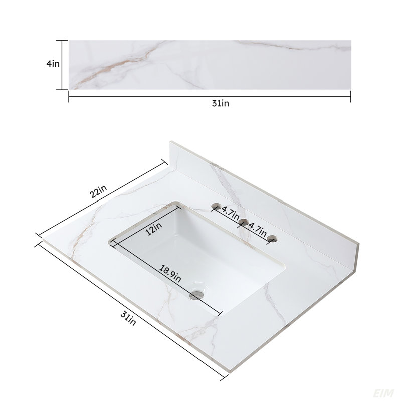 Dessus de meuble-lavabo de 31 pouces en pierre de Carrare avec comptoir de style nouveau avec lavabo rectangulaire encastré en céramique et dosseret avec 3 trous de robinet pour l'armoire de salle de bain