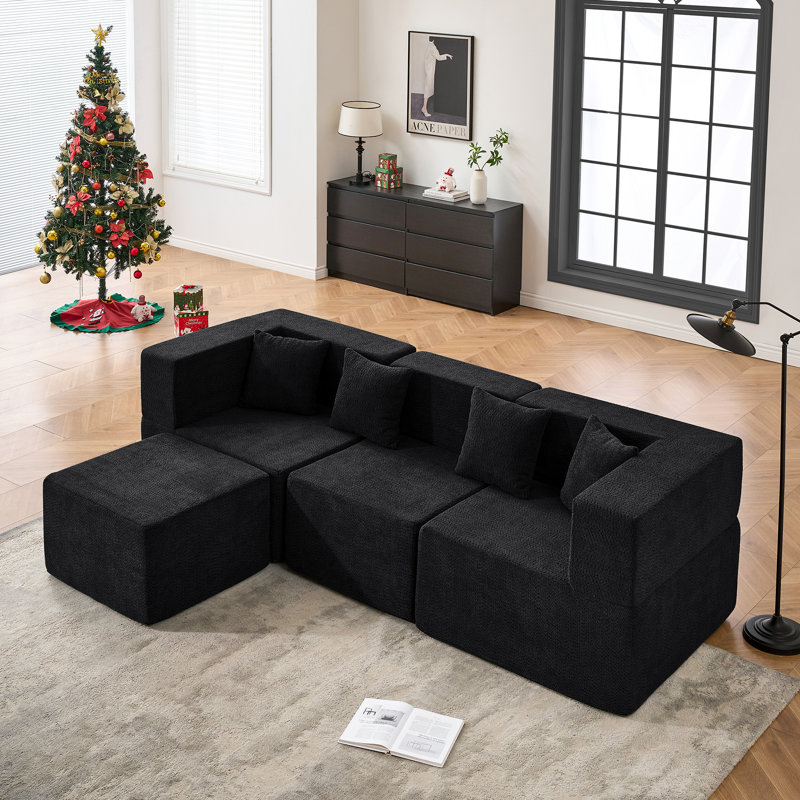 Modern Minimalist Boneless U-Shaped Modular Sectional Sofa with 1 Ottoman, Black Boucle