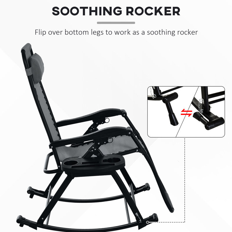 2 chaises berçantes d'extérieur, fauteuil inclinable zéro gravité pliable avec coussin, porte-gobelet et téléphone, gris. Structure en acier robuste, chaises berçantes à suspension élastique confortables, 2 pièces, gris, solide