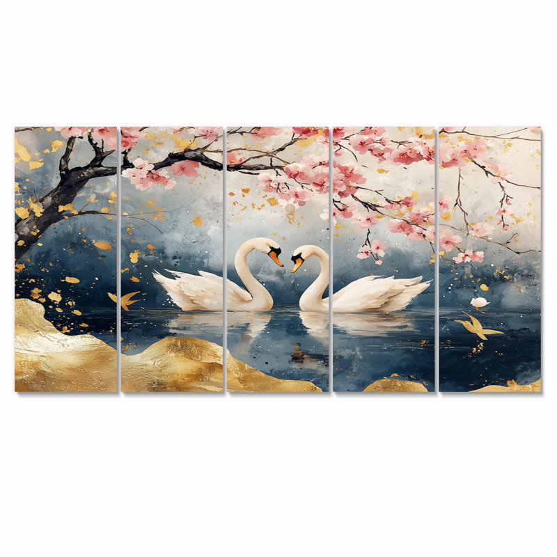 Ensemble de salon avec art cygne rose et or «Love Under Cherry Blossom V», H 32 po x l 80 po