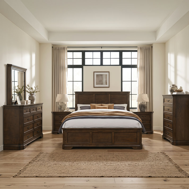 Ensemble de chambre à coucher 6 pièces Ailany, Grand, Noyer antique, 6 Pcs: Bed, 2 Nightstands, Dresser, Mirror, Chest