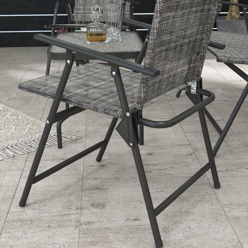 4 Piece Light Grey Metal Garden Sofa Set with Folding Loveseat, 2 Folding Chairs and Tempered Glass Coffee Table