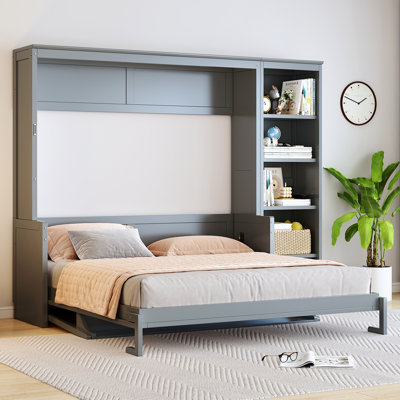 Queen Size Murphy Bed with Desk and Bookshelf, Space-Saving Wall Bed, Solid Pine Wood & MDF, Storage Shelves, No Box Spring, Gray
