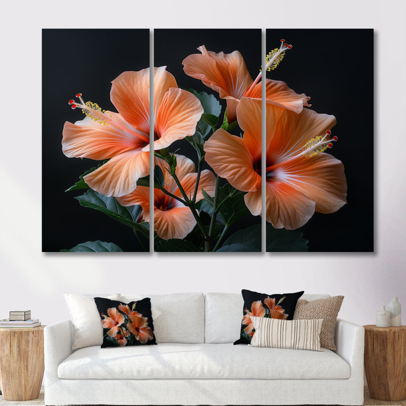 Hibiscus rose et noir, H 28 po x l 36 po x P 1 po, Toile tendue