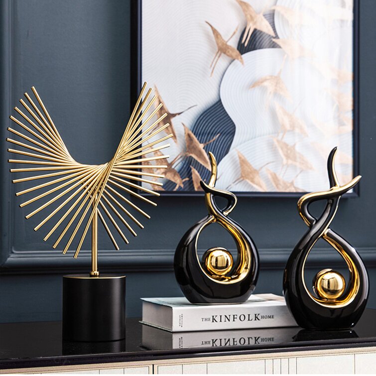 Black Decor Accent, Porcelain Art Mid Century Modern Black and Gold  Decorations & Black Centerpieces for Tables, Abstract Ceramic Statue  Sculpture 