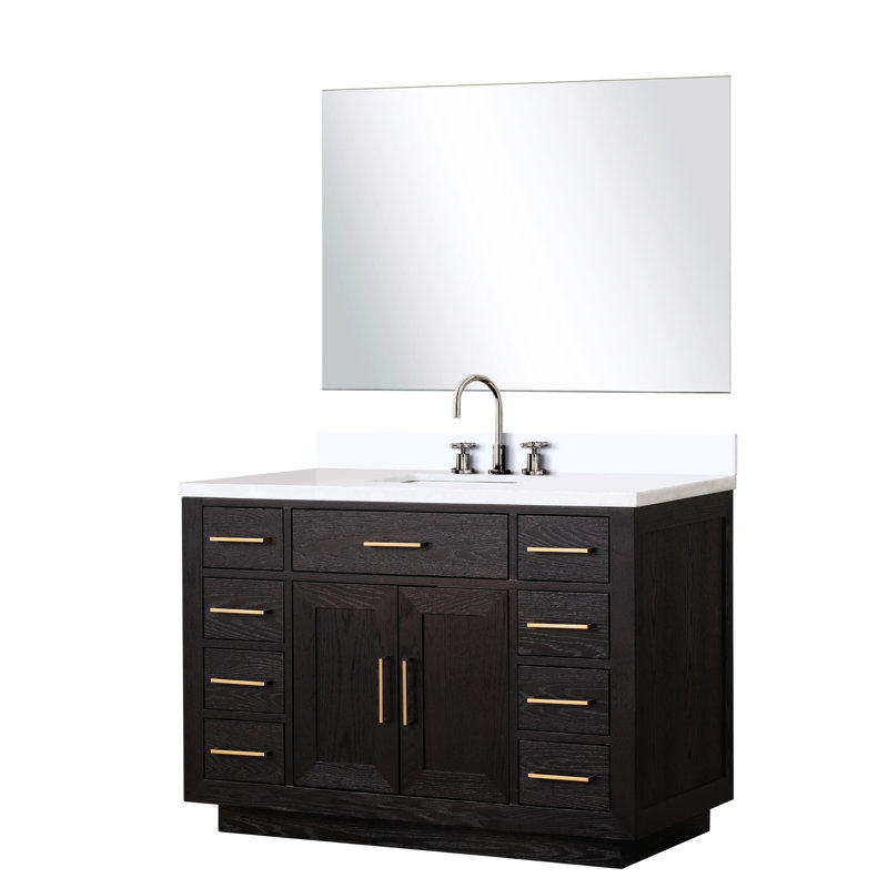 48 po De salle de bain simple en chêne noir avec profondeur 22, couche de finition en quartz blanc, robinet et miroir 46 - assemblé pour une utilisation dans la salle de bain
