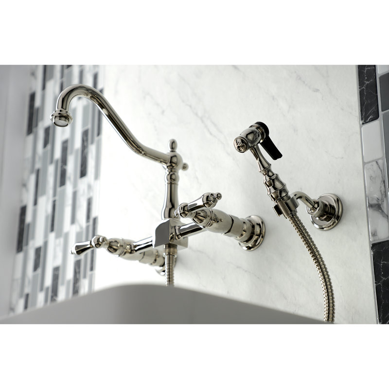 Kingston Brass Heritage Double-Handle Wall-Mount Bridge Kitchen Faucet, With Side Spray, Polished Nickel
