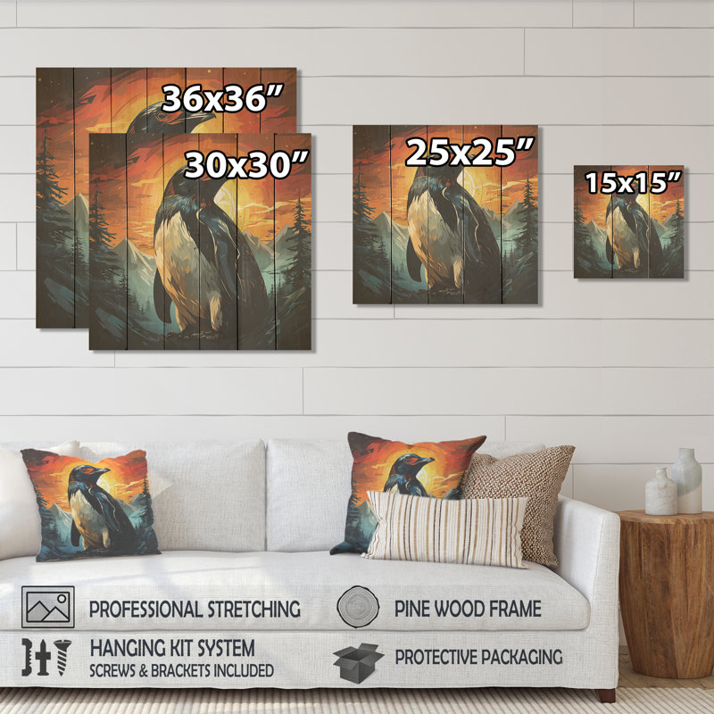 Coucher de soleil sur glace, charme pingouin III - pingouin sur bois, H 15 po x l 15 po