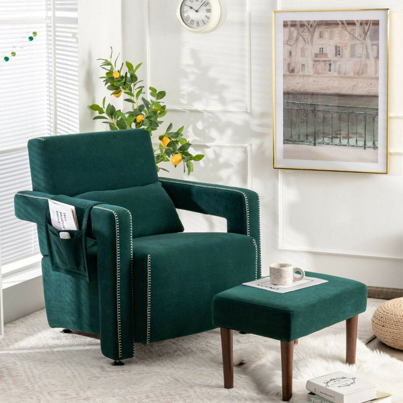 Fauteuil d'appoint moderne en molleton berbère avec repose-pieds et coussin de taille pour le salon, Vert