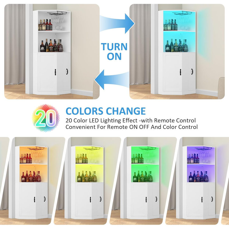 Wine Bar Cabinet with Power Outlet, 6-Tiers Industrial Wine Cabinet with LED Light and Glass Holder, White