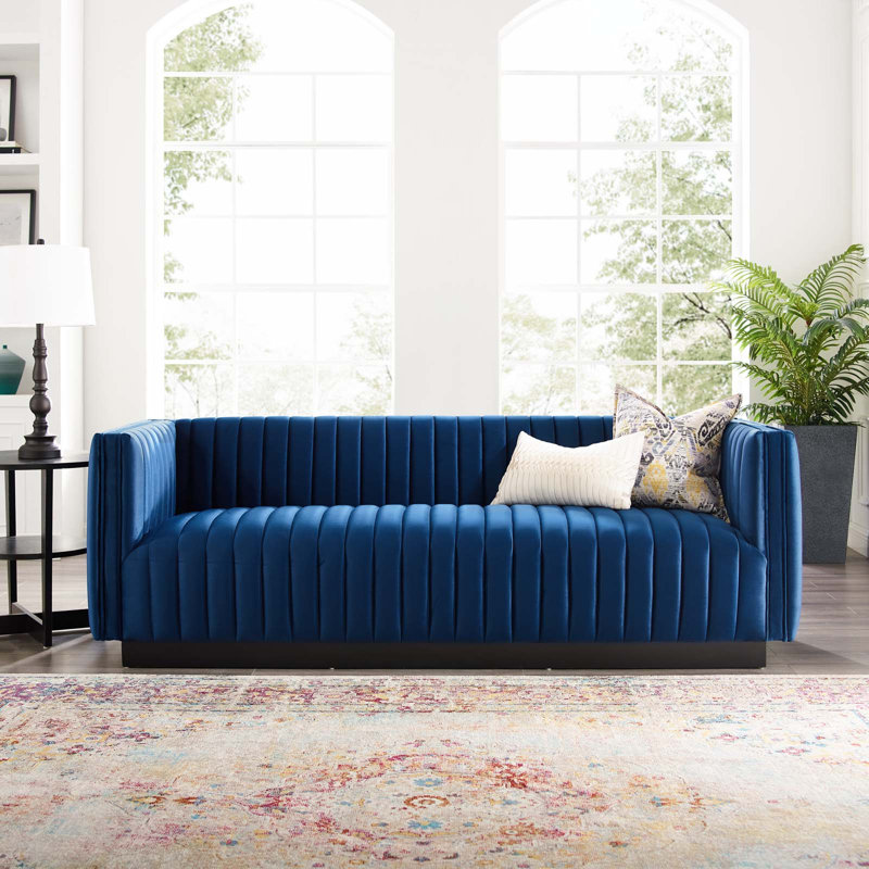 Modway Conjure Channel Tufted Velvet Sofa, Navy Velvet