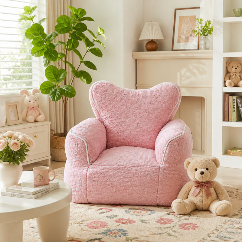 Fauteuil à billes en fausse fourrure pour enfants, fauteuil confortable en forme de cœur