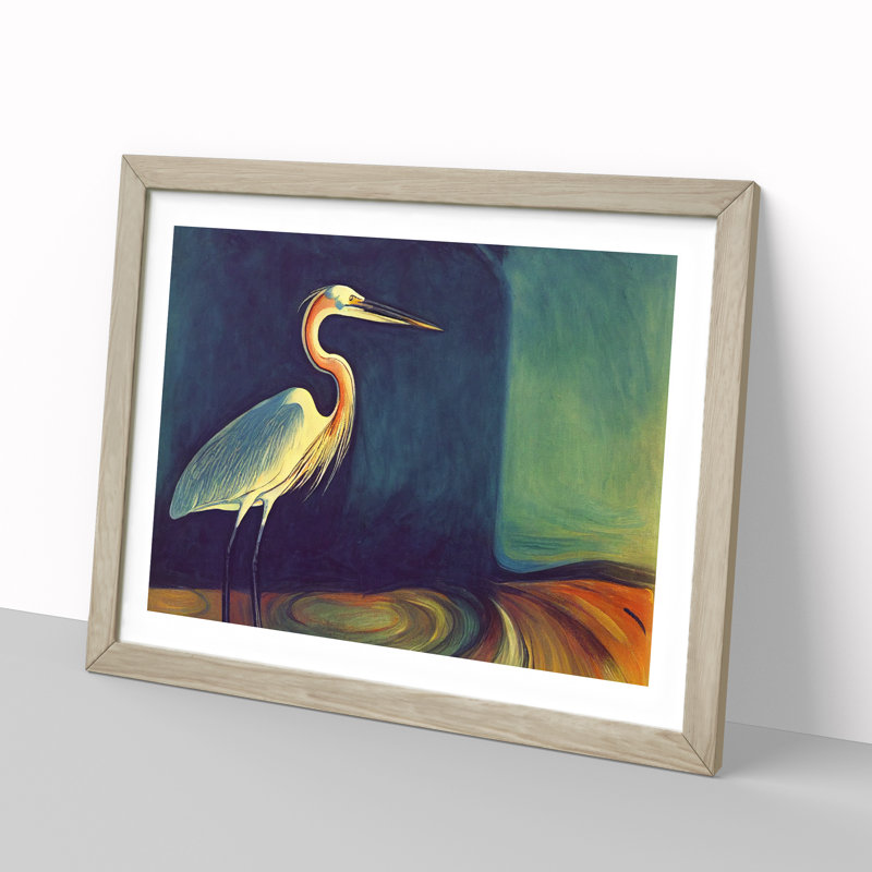 XH1022-8901X The Classic Heron Bird - Single Picture Frame Painting, 34cm H x 46cm W x 2cm D, Oak