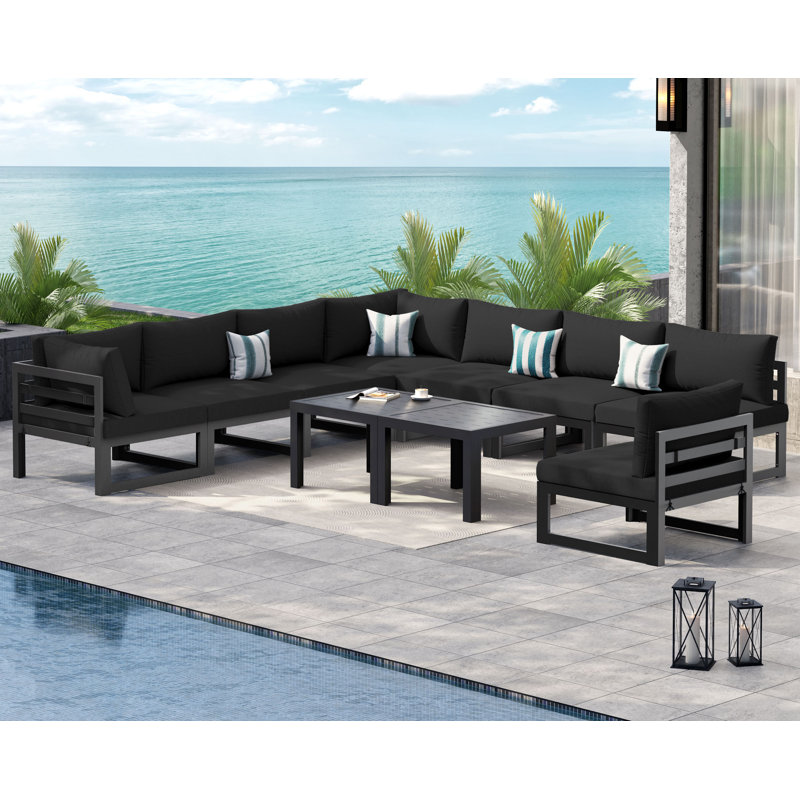 Gillean 8 - Person Modern Aluminum Outdoor Sectional Seating Group with Cushions & Coffee Table, Rust-Resistant Patio Conversation Set