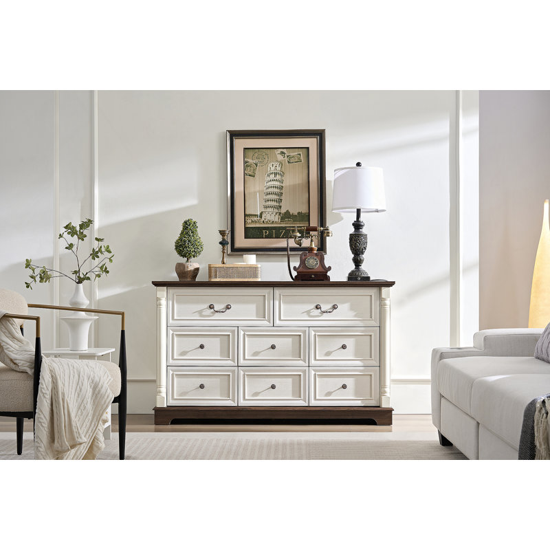 Commode 8 tiroirs en bois rustique avec cadre en bois massif durable et rangement coulissant pour la chambre à coucher ou le salon.