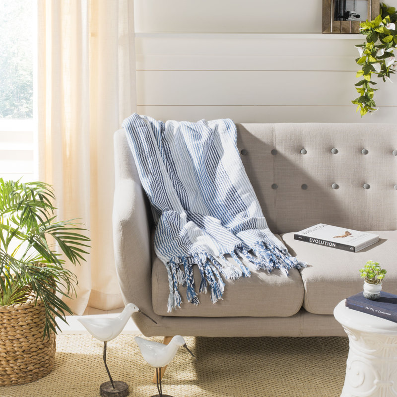 Blue and White Knitted Cotton Fringe Throw Blanket