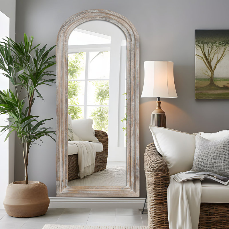 Dainah Arch Full Length Wall Mirror with Wood Frame, Weathered White, 71" x 31"