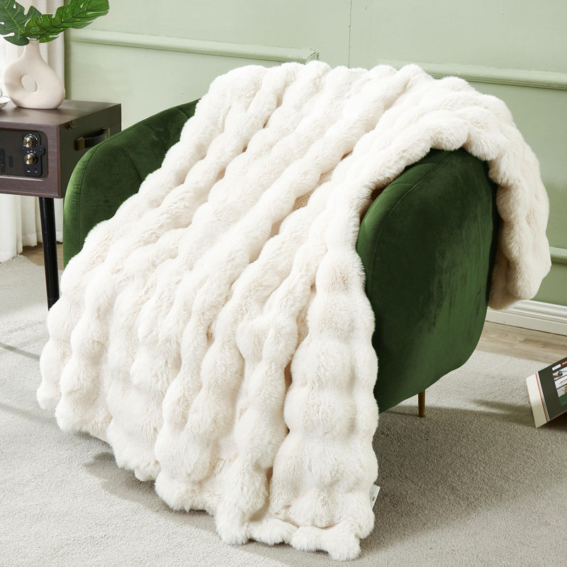 Jeté ultra doux et moelleux en fausse fourrure de lapin, L 60 po x L 80 po, Blanc, crème