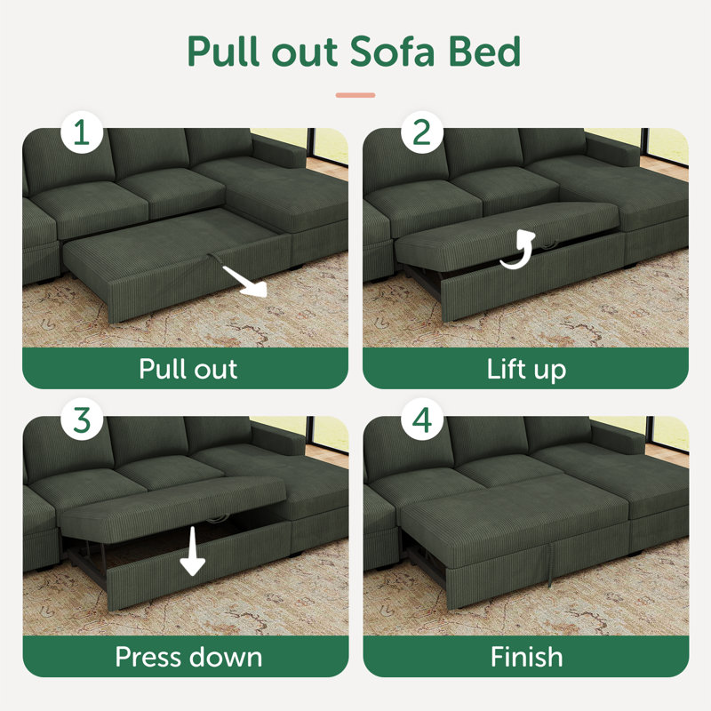 Brunella L-shaped Corner Sectional Sofa Bed with Pull-Out Bed, Green Corduroy