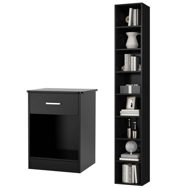Ensemble de chambre à coucher 2 pièces, ensemble de rangement pour chambre à coucher: table de chevet avec tiroir et tablette ouverte et grande bibliothèque réglable à 8 tablettes