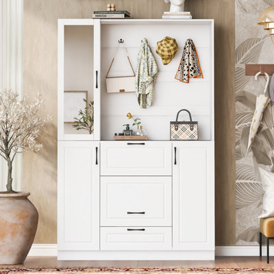 3-in-1 Entryway Hall Tree With Shoe Storage Cabinet, 51.1'' Narrow Hall Tree With Mirrored Cabinet Door, Coat Shoe Rack With 4 Hooks And Foldable Seat For Mudroom, Hallway, Living Room, White