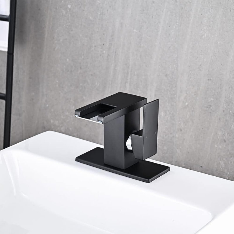 Robinet de lavabo de salle de bain à DEL, robinets de meuble-lavabo à poignée simple en cascade noir mat pour éviers 1 trou avec drain escamotable en métal et 2 conduites d'alimentation en eau, poignée latérale