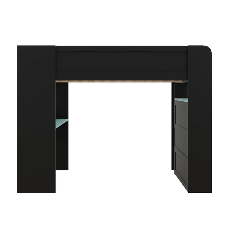 Lit superposé double avec bureau à hauteur réglable, garde-robe et éclairage RVB inclus, Noir / Bleu