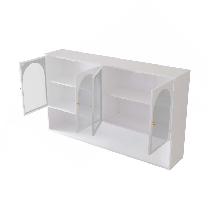 47.25-Inch Wall-Mounted 4 Glass Door Storage Cabinet With Open Shelf For Kitchen, Living Room, Bathroom, White