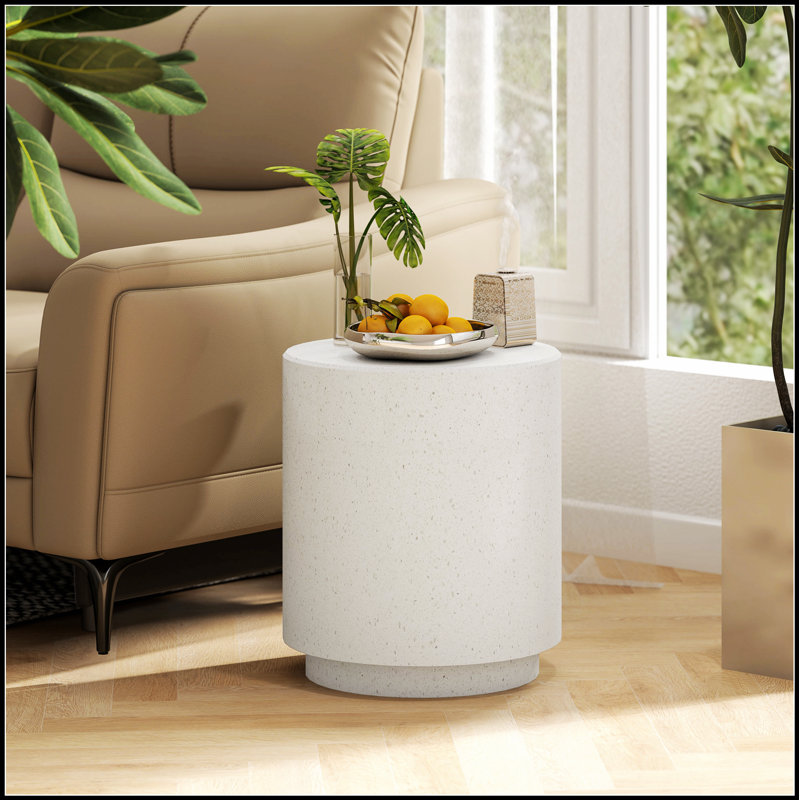 Table d'appoint ronde à finition terrazzo légère avec 4 pieds réglables pour les intérieurs modernes, Blanc, crème
