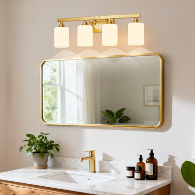 4-Light Brushed Gold Modern Bath Vanity Wall Light, Metal Sconce with Cylinder Frosted Glass Shade for Hotel & Home Bathroom(No light bulb)