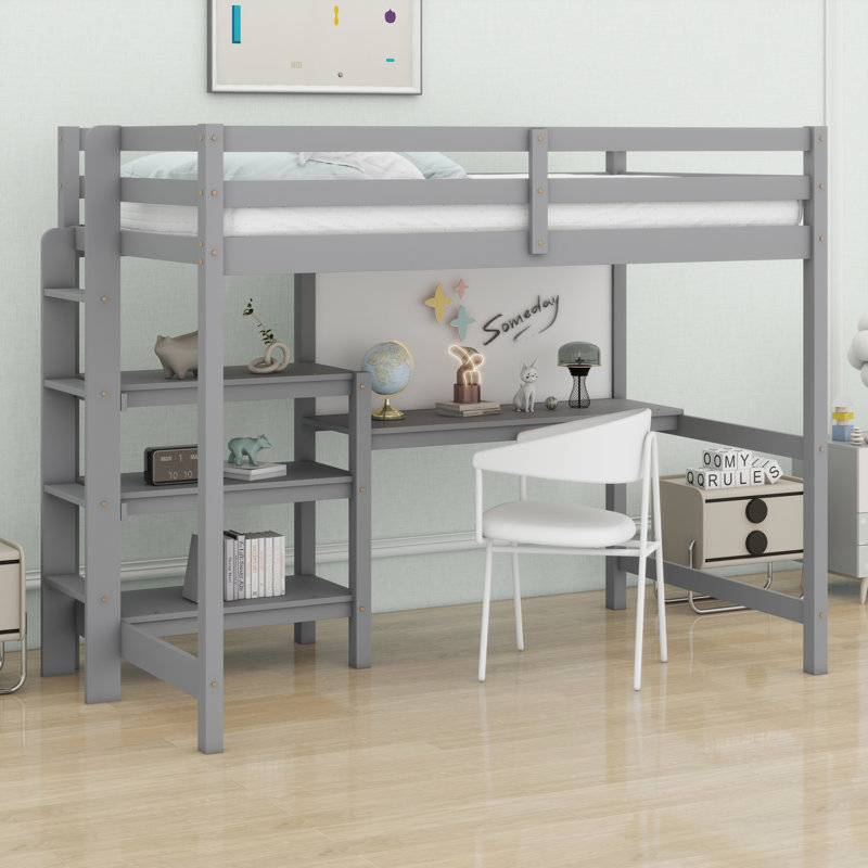 Lit mezzanine en bois avec tablettes, bureau et tableau d'écriture, Gris