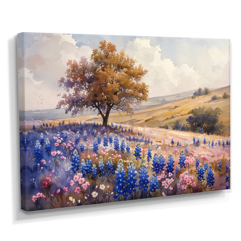 Bleu, bleu, fleurs sauvages, bleu, Bonnets, rêves I - Blue Bonnets, art mural, salon, Toile tendue, H 34 po x l 44 po