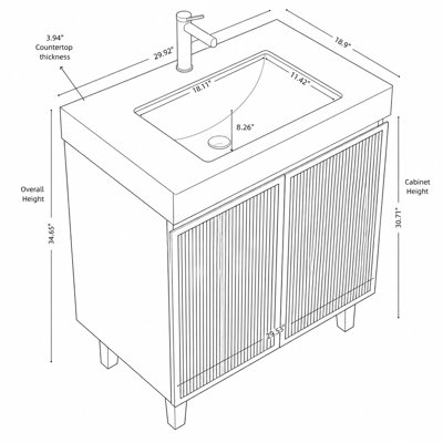 Meuble-lavabo autoportant de 30 pouces avec plateau en pierre frittée gris de Carrare, lavabo en céramique et un trou de robinet pré-percé