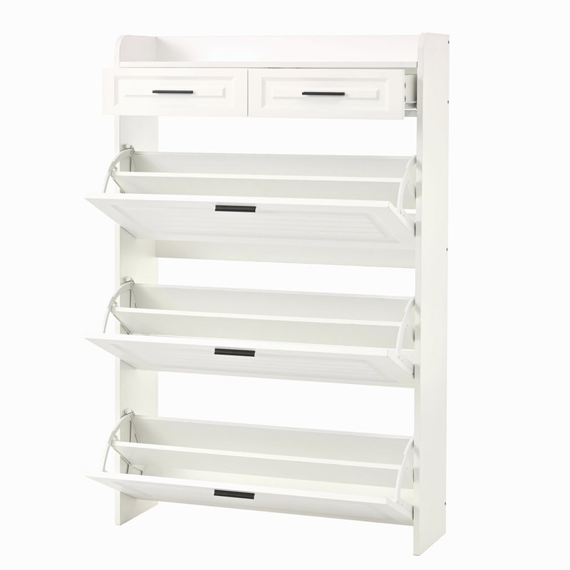 Deux tiroirs, trois portes pliantes, grande armoire à chaussures de rangement, Blanc