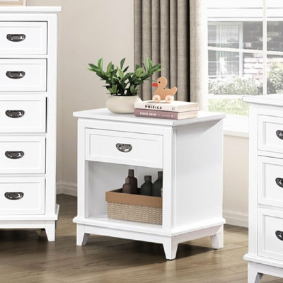 Table de chevet de chambre à coucher de style classique avec finition blanche, glissières à un tiroir, tablette inférieure, poignées anneaux en nickel poli, sans assemblage, 24 po x 16 po x 26 po pour la conception, 1 - assemblage de rangement requis,