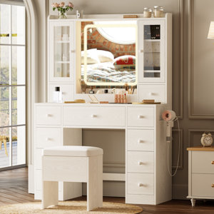 Chantaye Vanity Desk with LED Lights Mirror and Charging Station