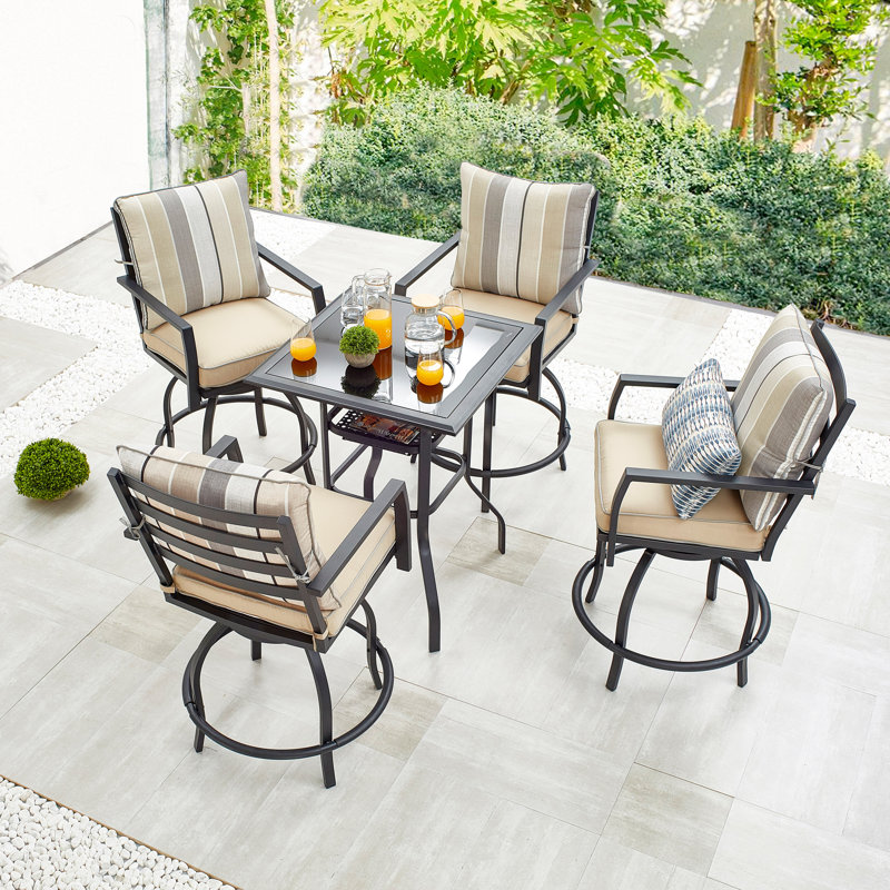 Ensemble bistro pour 4 personnes avec coussins Lincolnwood Square, Noir/beige/gris