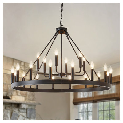 40-Inch 2-Tier Wagon Wheel Chandelier, 22-Light Farmhouse Ceiling Fixture in Matt Black Iron
