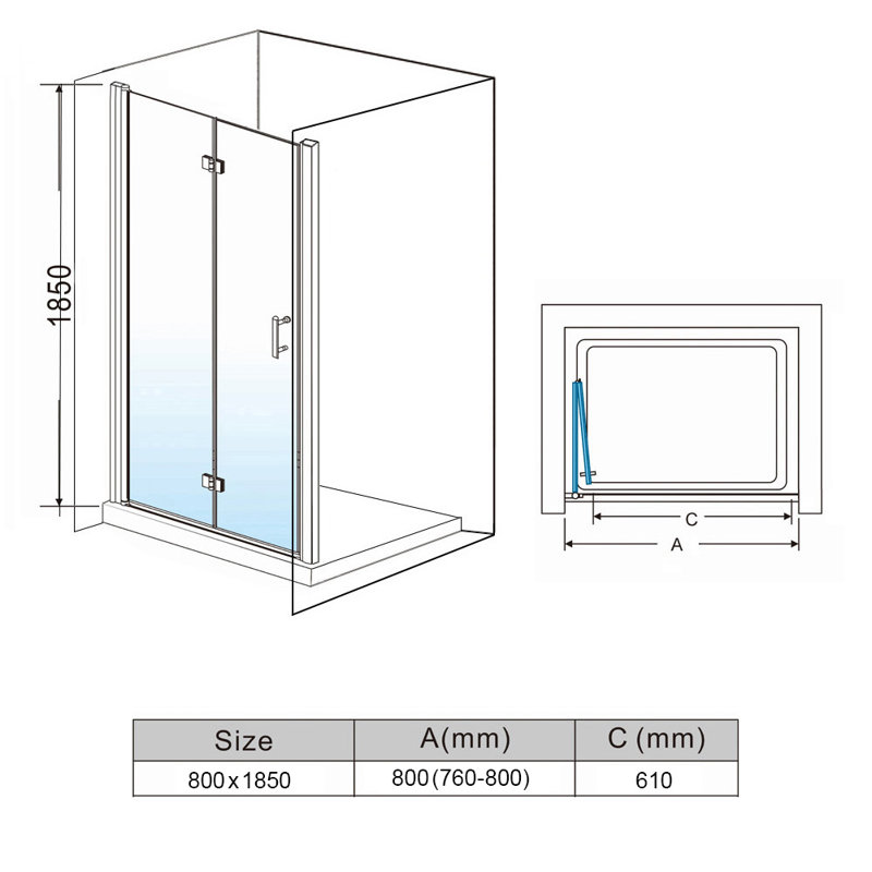 Landeros 4699mm H Hinged Frameless Shower Door with Clear Glass, 80"