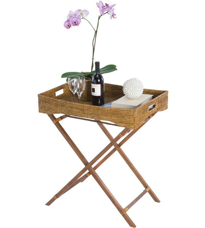 Honey Brown Rattan Butler Tray with Folding Teak Stand