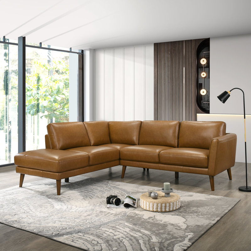 Canapé modulaire en cuir véritable 2 pièces Mouloud, Accoudoir à gauche (vu de face), Cuir véritable brun clair