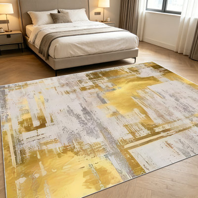 Tapis de peinture abstraite dorée et grise 1pc pour le salon, doux et confortable, adapté à toutes les saisons, facile à entretenir, tapis de sol intérieur lavable à la machine, sous la table de ferme convenant à la salle à manger, à la chambre à coucher, au vestibule, à la maison