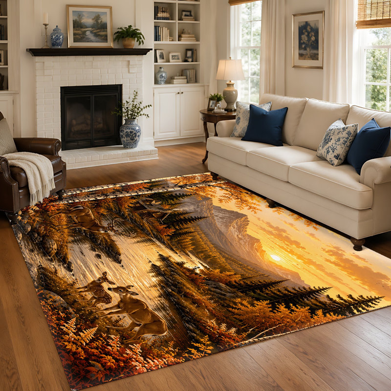 Tapis décoratif imprimé « Coucher de soleil dans la forêt avec des chevreuils » (1 pièce), antidérapant et doux, idéal pour le salon, la chambre à coucher, la cuisine, le bureau ou toute autre pièce de la maison.